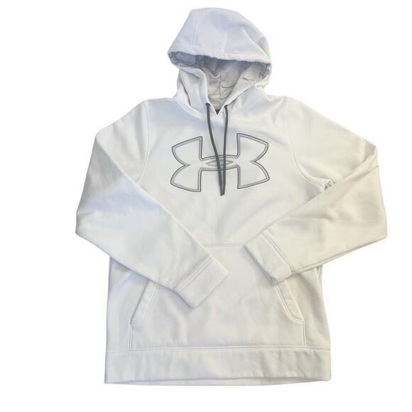 Under Armour Mens Sweatshirt Hoodie Sz‎ S White Big Logo Loose Fit Embroidered - Picture 1 of 7